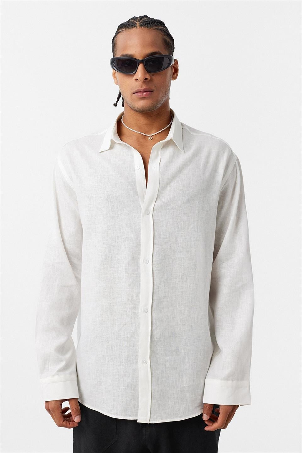 Basic Oversize Uzun Kollu Keten Gömlek