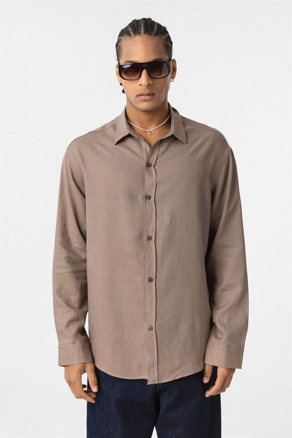 Basic Oversize Uzun Kollu Keten Gömlek