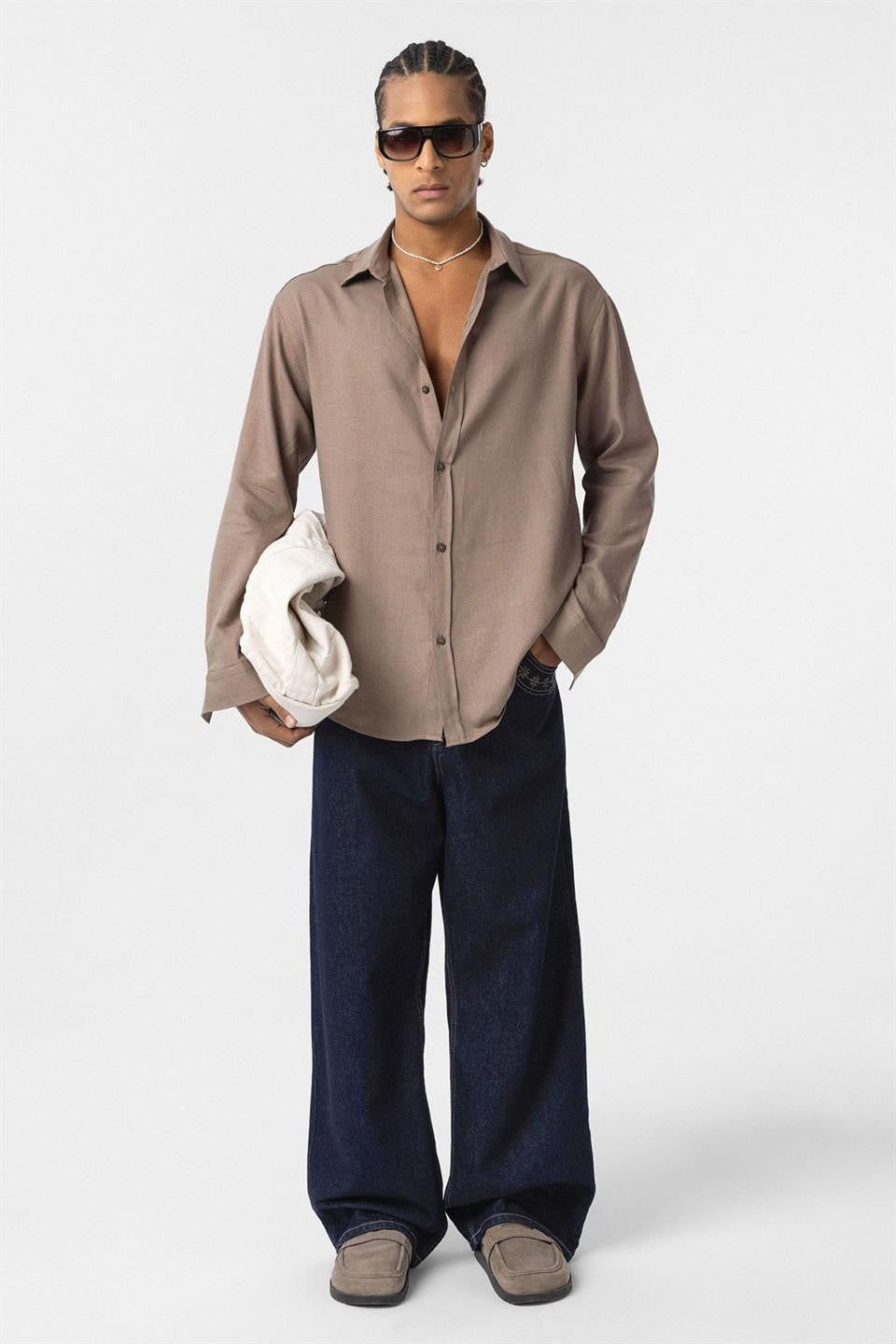 Basic Oversize Uzun Kollu Keten Gömlek