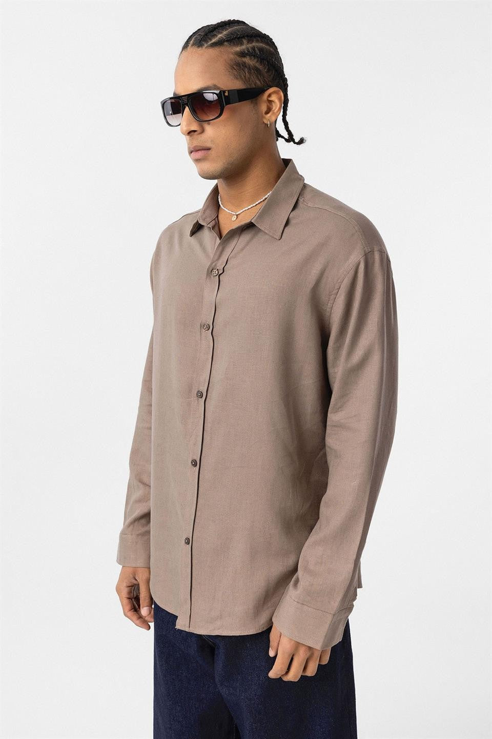 Basic Oversize Uzun Kollu Keten Gömlek