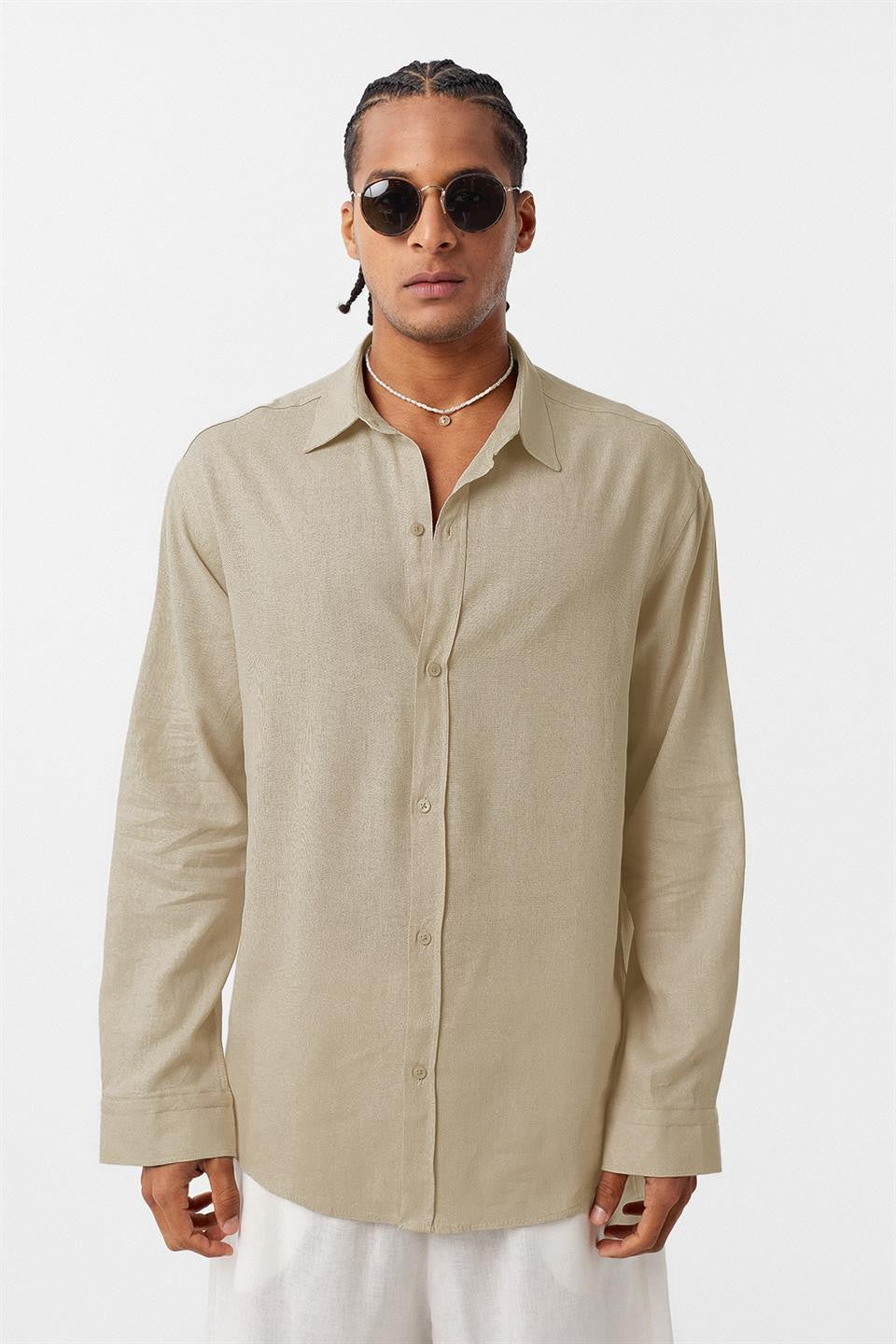 Basic Oversize Uzun Kollu Keten Gömlek
