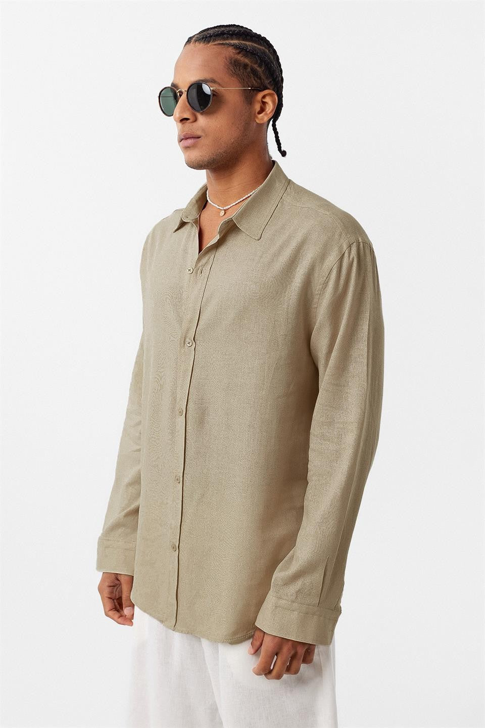 Basic Oversize Uzun Kollu Keten Gömlek