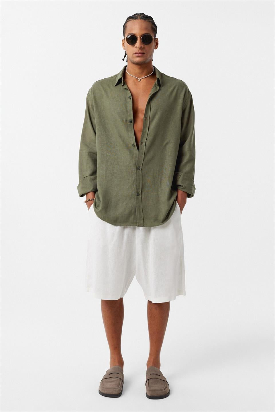 Basic Oversize Uzun Kollu Keten Gömlek