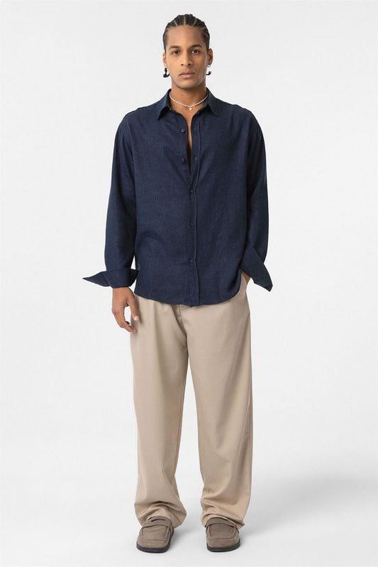 Basic Oversize Uzun Kollu Keten Gömlek