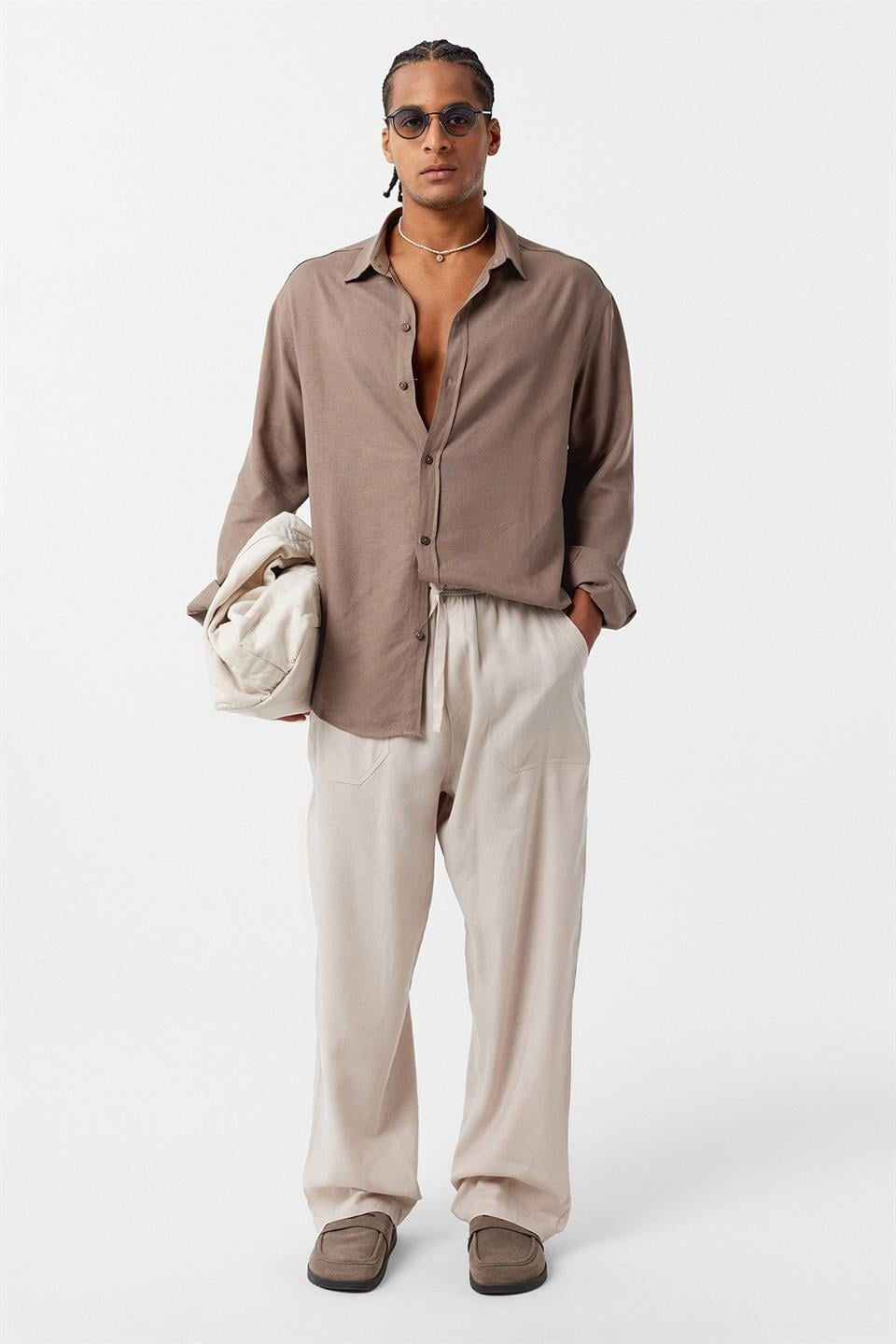 Basic Oversize Uzun Kollu Keten Gömlek