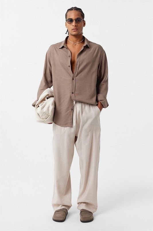 Basic Oversize Uzun Kollu Keten Gömlek