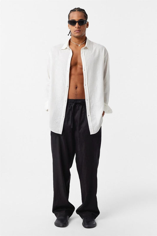 Basic Oversize Uzun Kollu Keten Gömlek