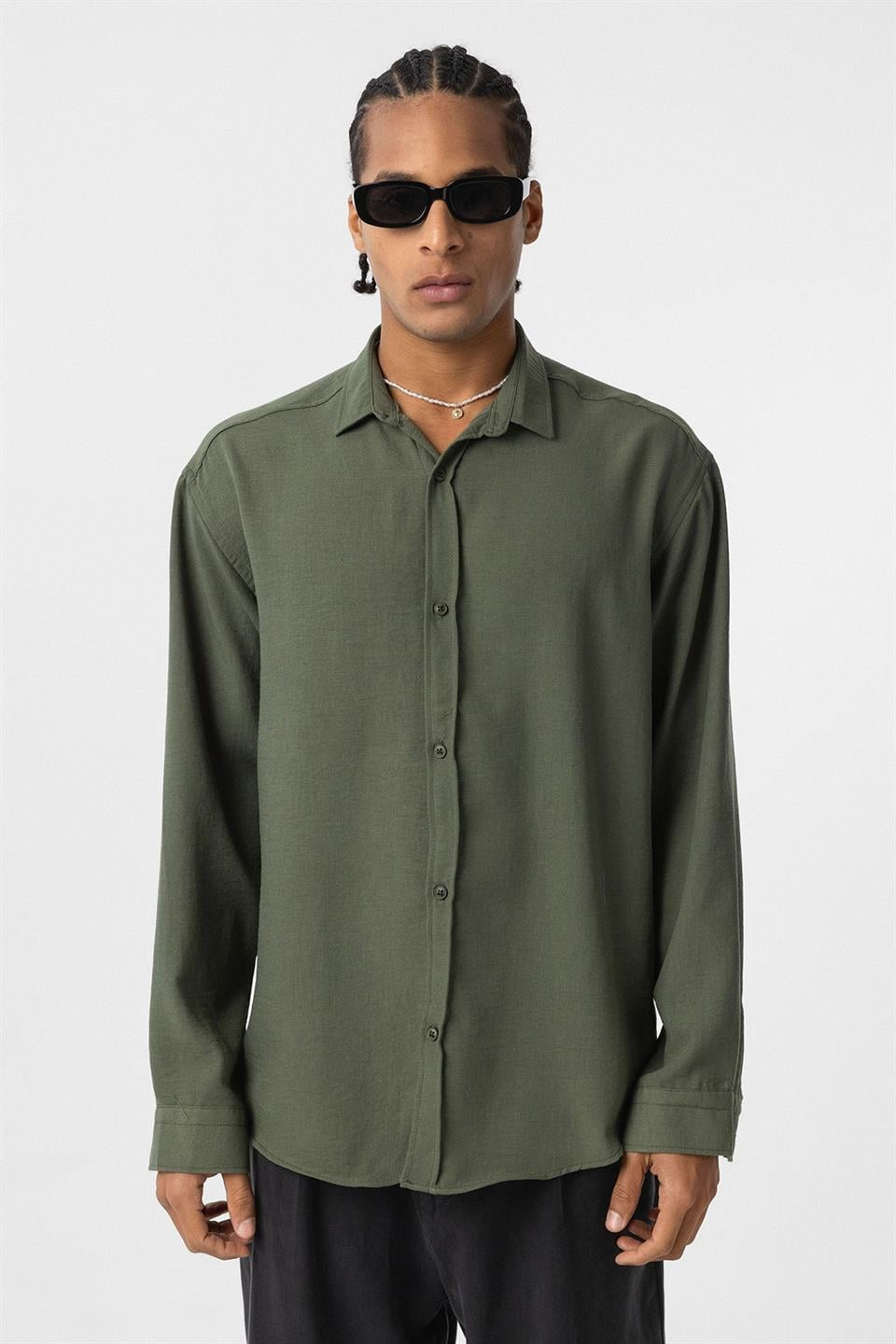 Basic Oversize Uzun Kol Keten Görünümlü Gömlek