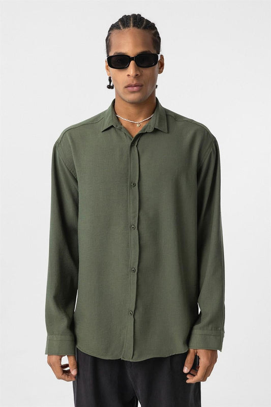 Basic Oversize Uzun Kol Keten Görünümlü Gömlek