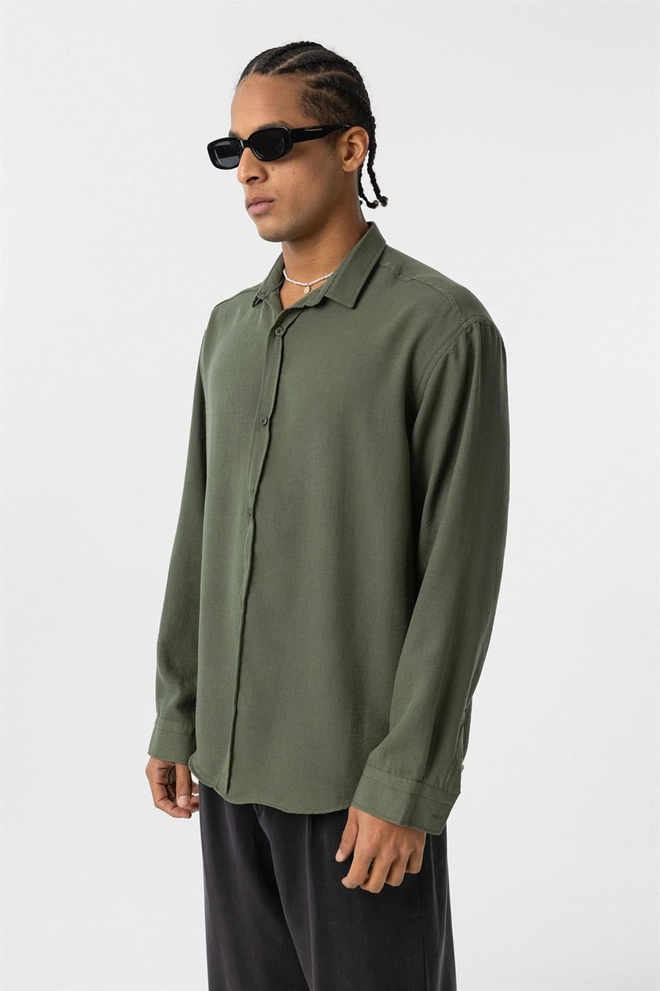 Basic Oversize Uzun Kol Keten Görünümlü Gömlek