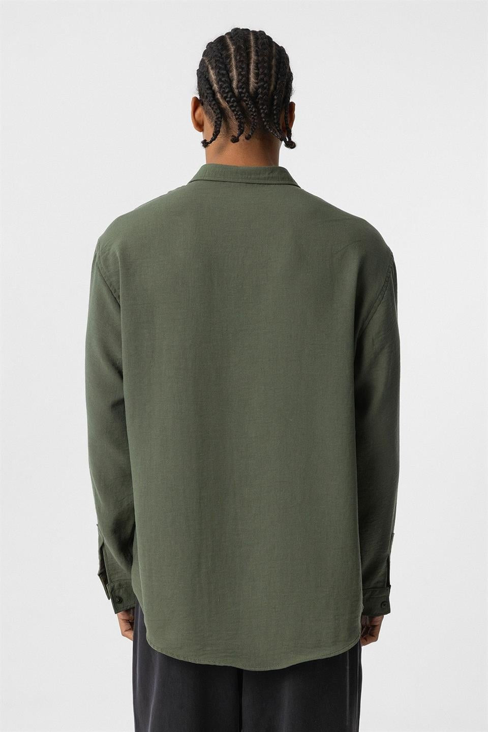 Basic Oversize Uzun Kol Keten Görünümlü Gömlek
