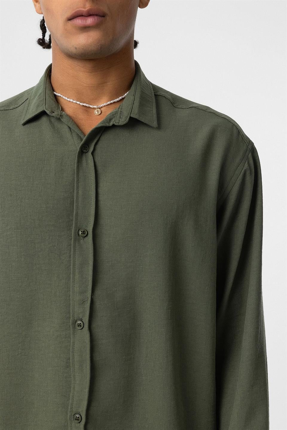 Basic Oversize Uzun Kol Keten Görünümlü Gömlek