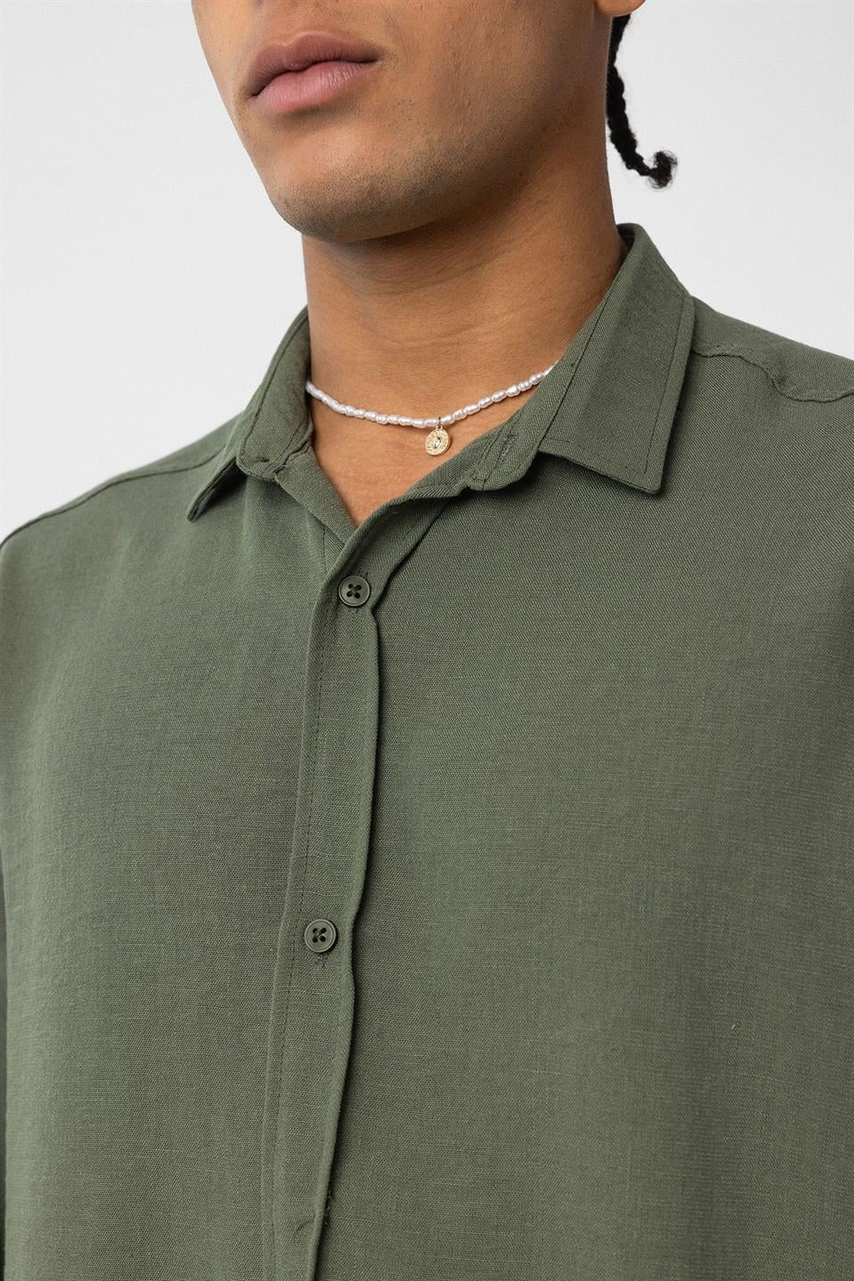 Basic Oversize Uzun Kol Keten Görünümlü Gömlek