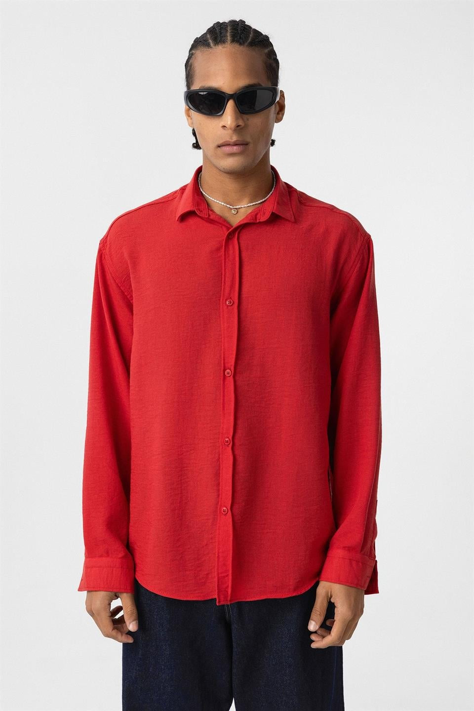 Basic Oversize Uzun Kol Keten Görünümlü Gömlek