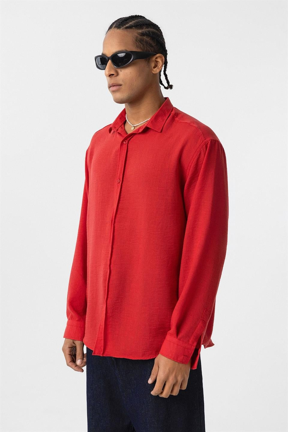 Basic Oversize Uzun Kol Keten Görünümlü Gömlek