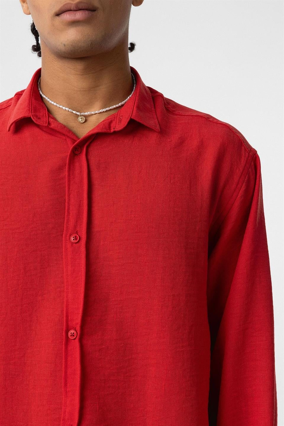Basic Oversize Uzun Kol Keten Görünümlü Gömlek