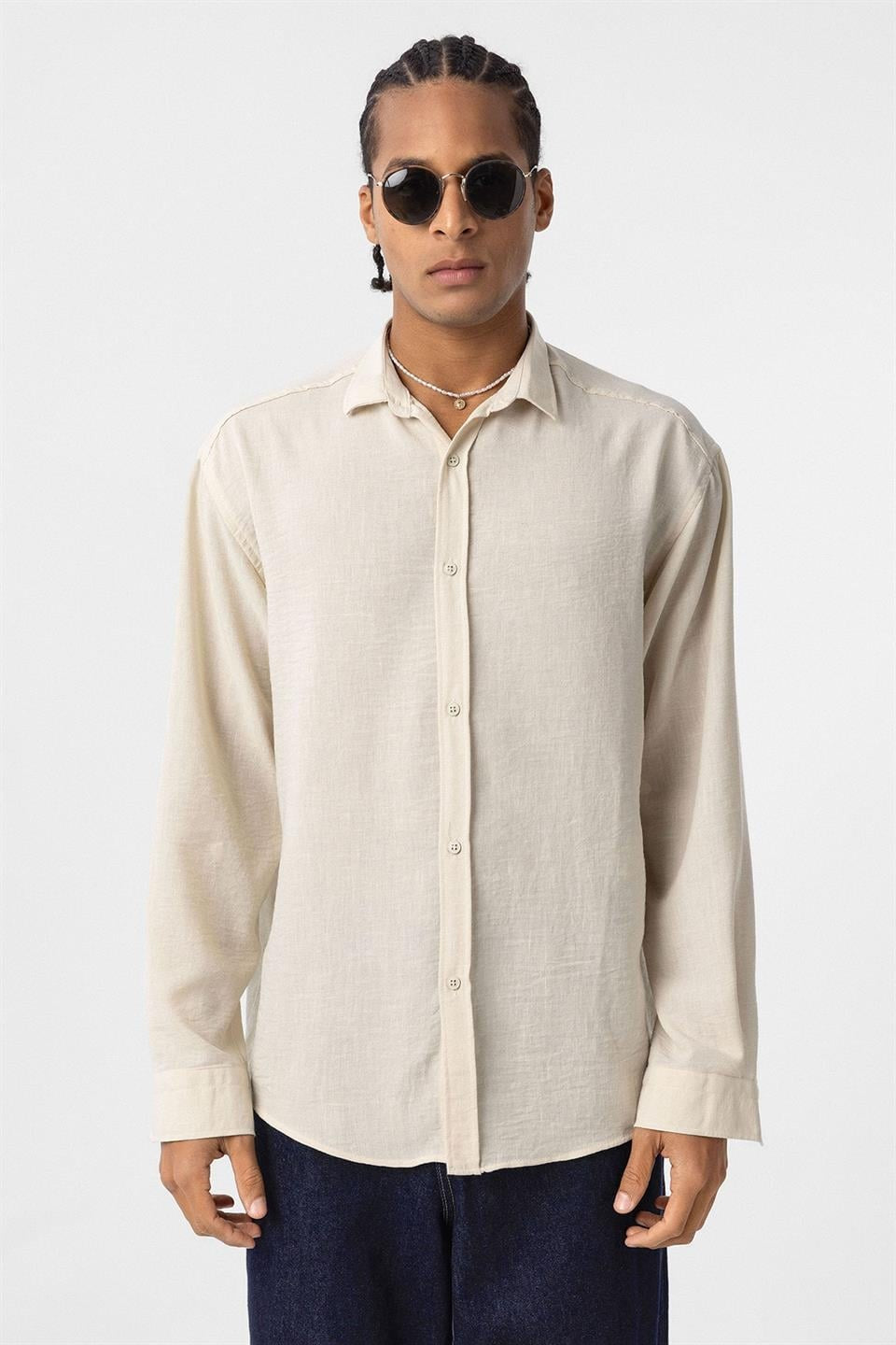 Basic Oversize Uzun Kol Keten Görünümlü Gömlek