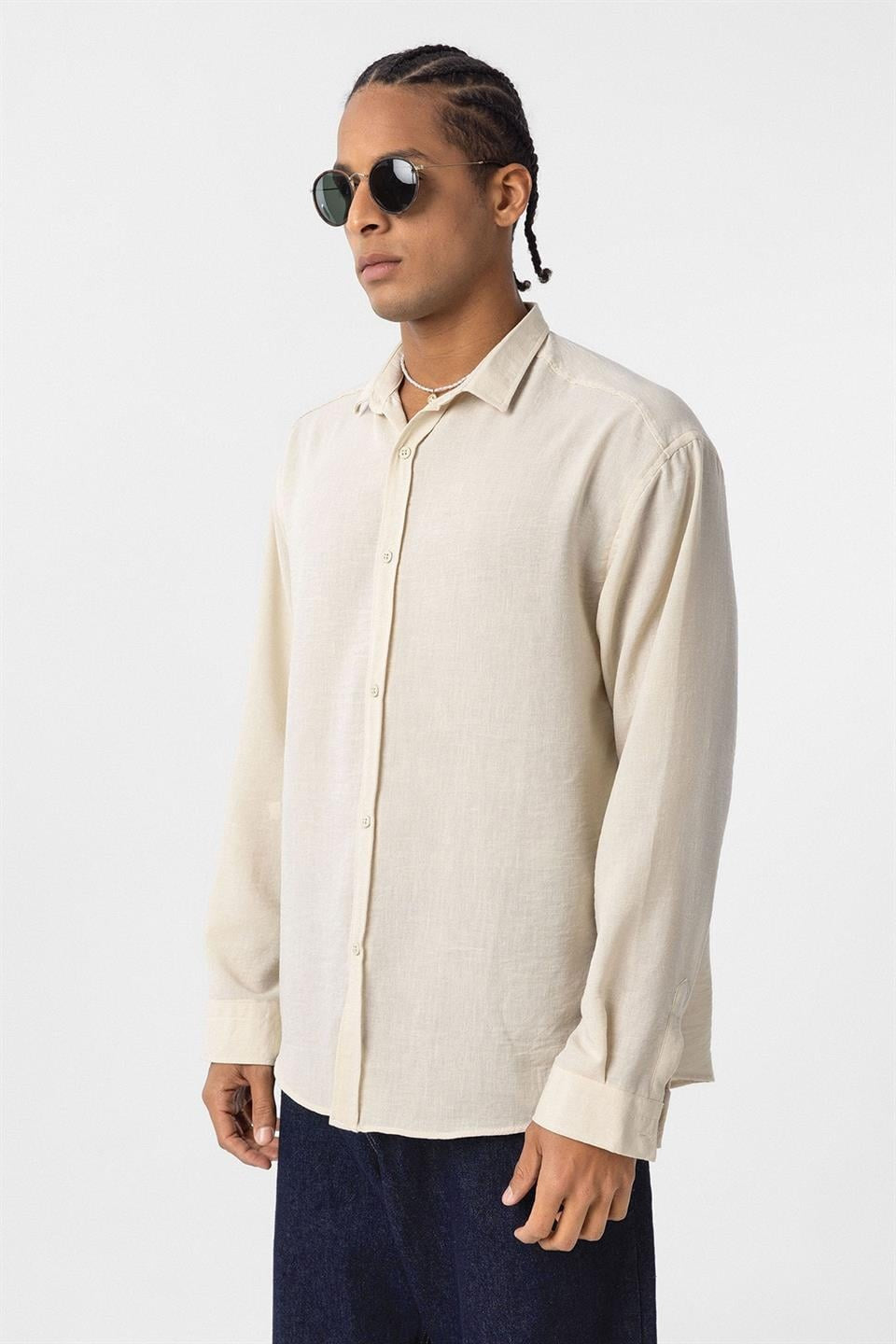 Basic Oversize Uzun Kol Keten Görünümlü Gömlek