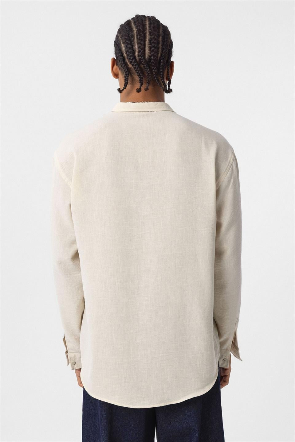 Basic Oversize Uzun Kol Keten Görünümlü Gömlek