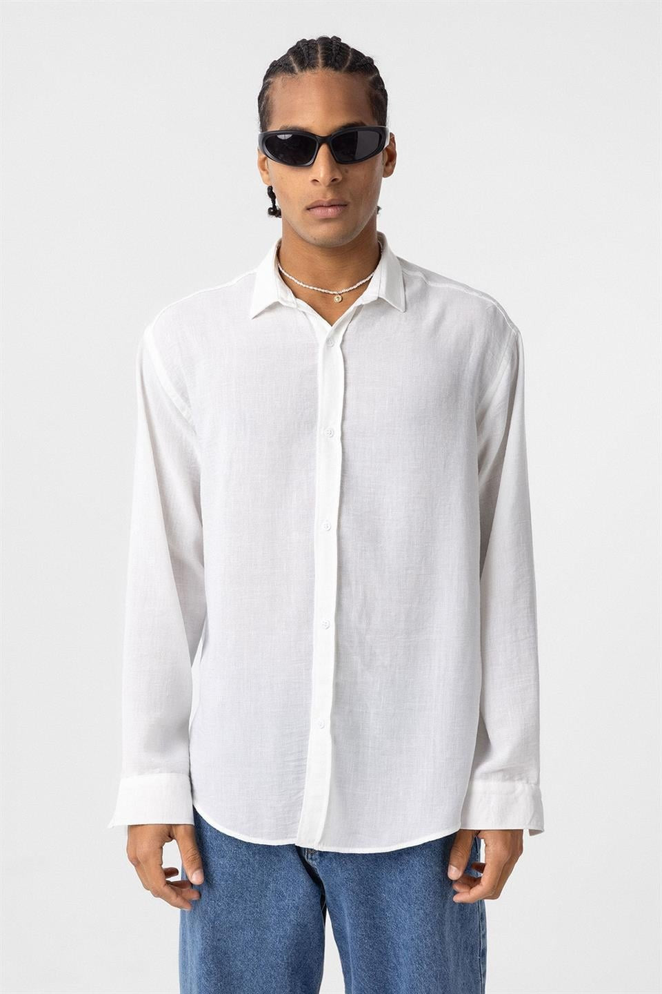 Basic Oversize Uzun Kol Keten Görünümlü Gömlek