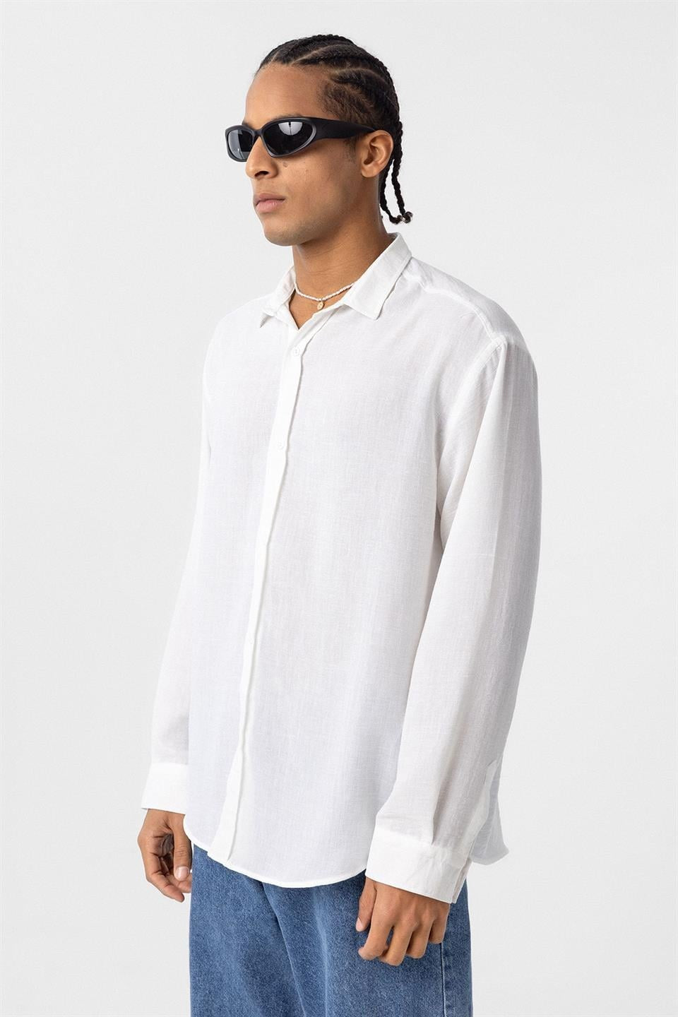 Basic Oversize Uzun Kol Keten Görünümlü Gömlek