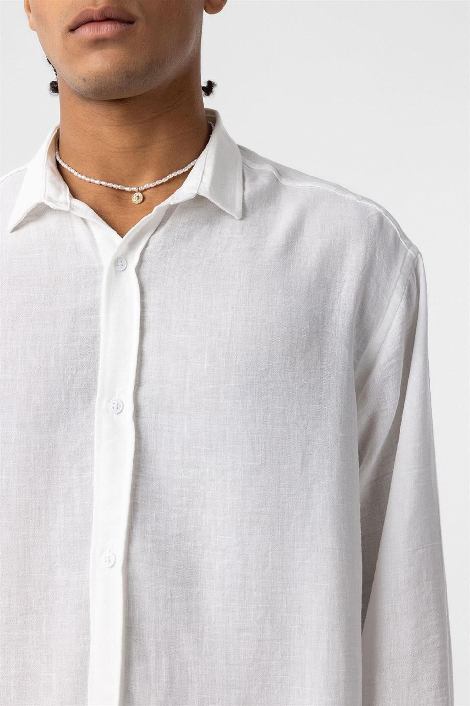 Basic Oversize Uzun Kol Keten Görünümlü Gömlek