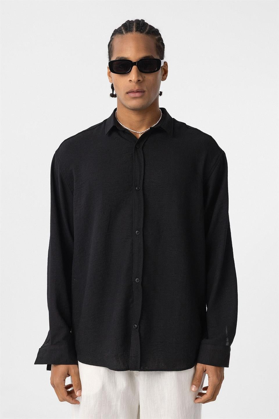 Basic Oversize Uzun Kol Keten Görünümlü Gömlek