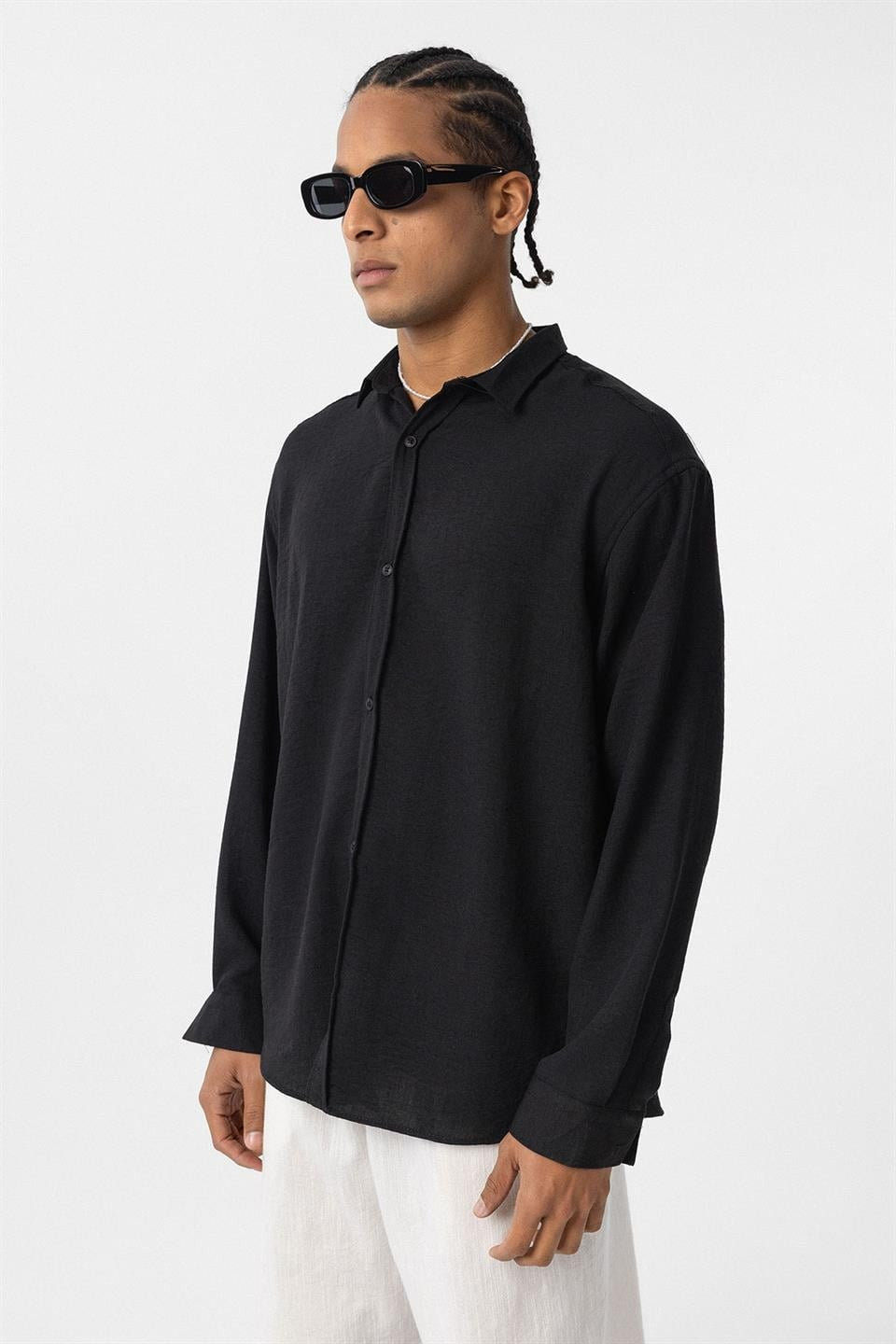 Basic Oversize Uzun Kol Keten Görünümlü Gömlek