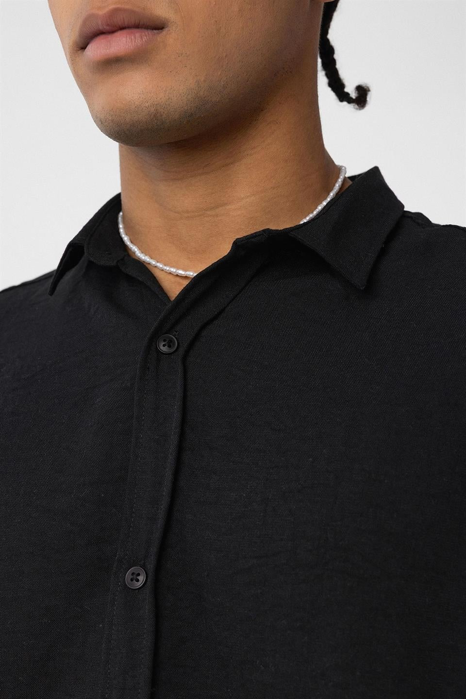 Basic Oversize Uzun Kol Keten Görünümlü Gömlek