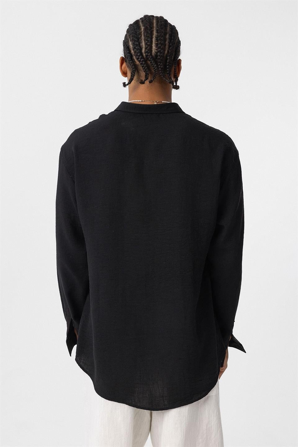 Basic Oversize Uzun Kol Keten Görünümlü Gömlek