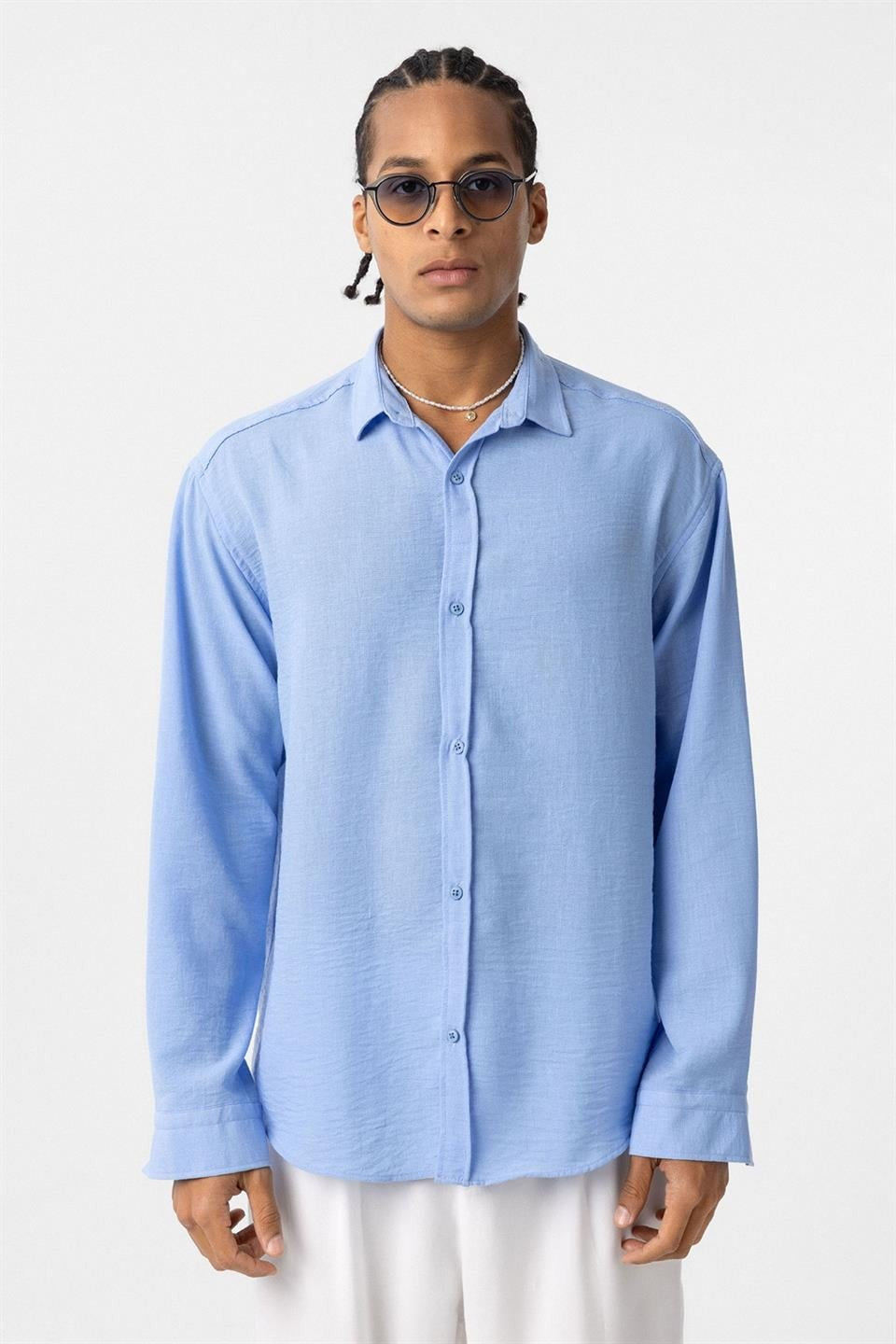 Basic Oversize Uzun Kol Keten Görünümlü Gömlek
