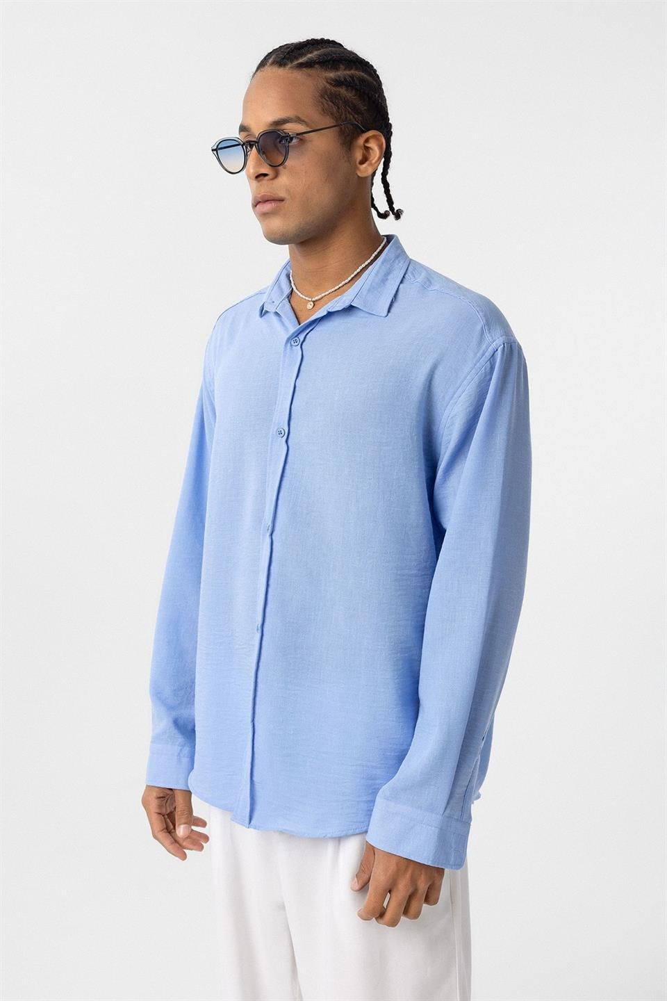 Basic Oversize Uzun Kol Keten Görünümlü Gömlek