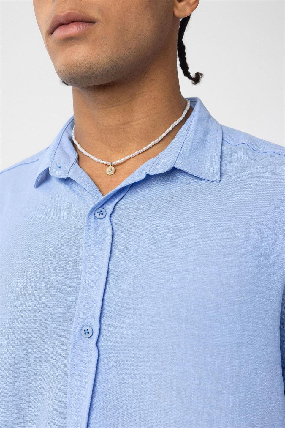 Basic Oversize Uzun Kol Keten Görünümlü Gömlek