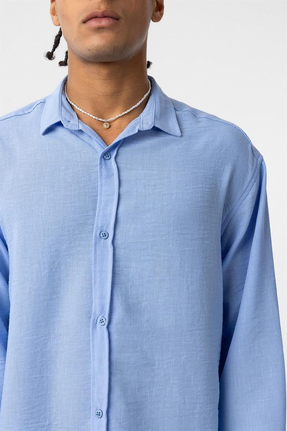 Basic Oversize Uzun Kol Keten Görünümlü Gömlek