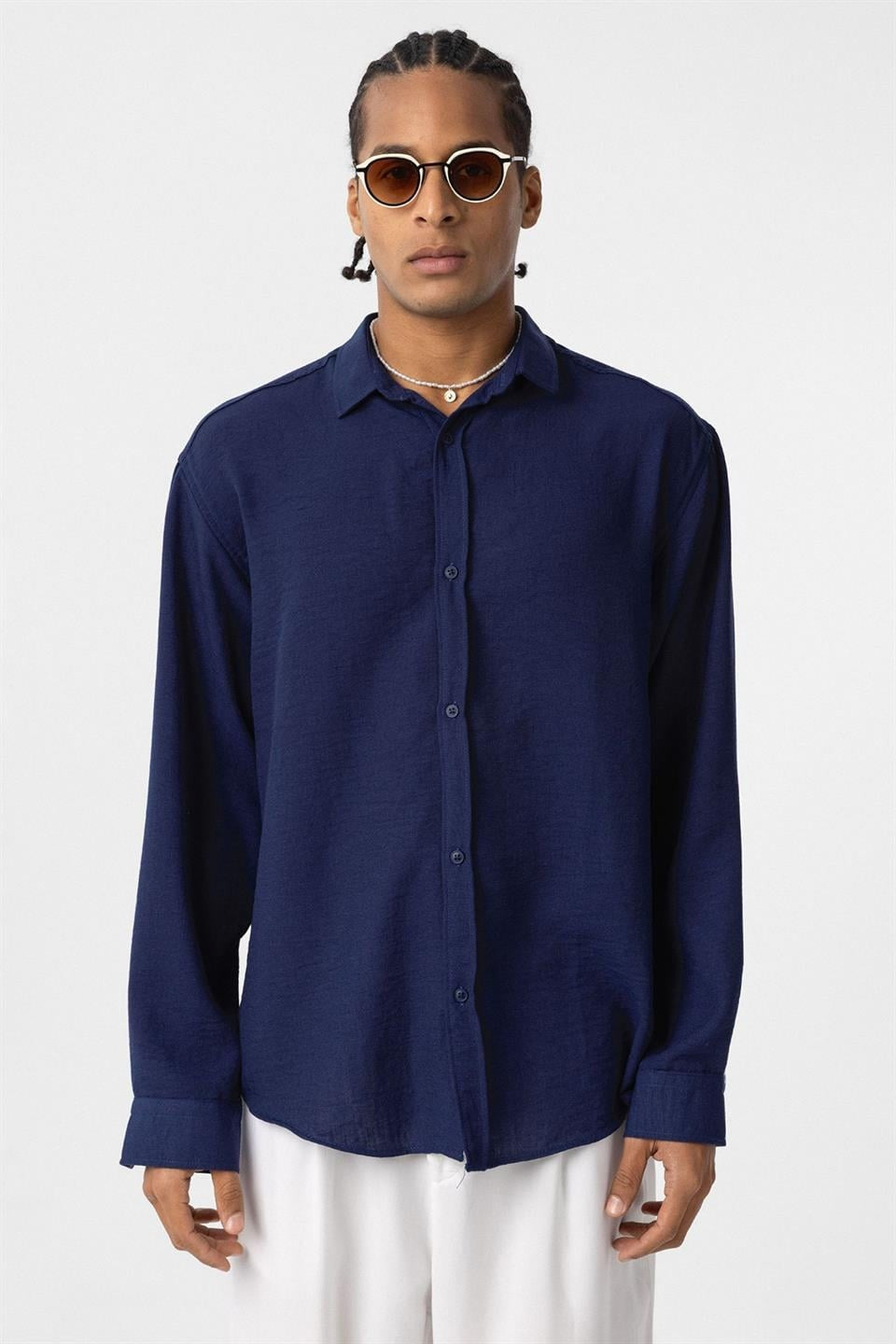Basic Oversize Uzun Kol Keten Görünümlü Gömlek