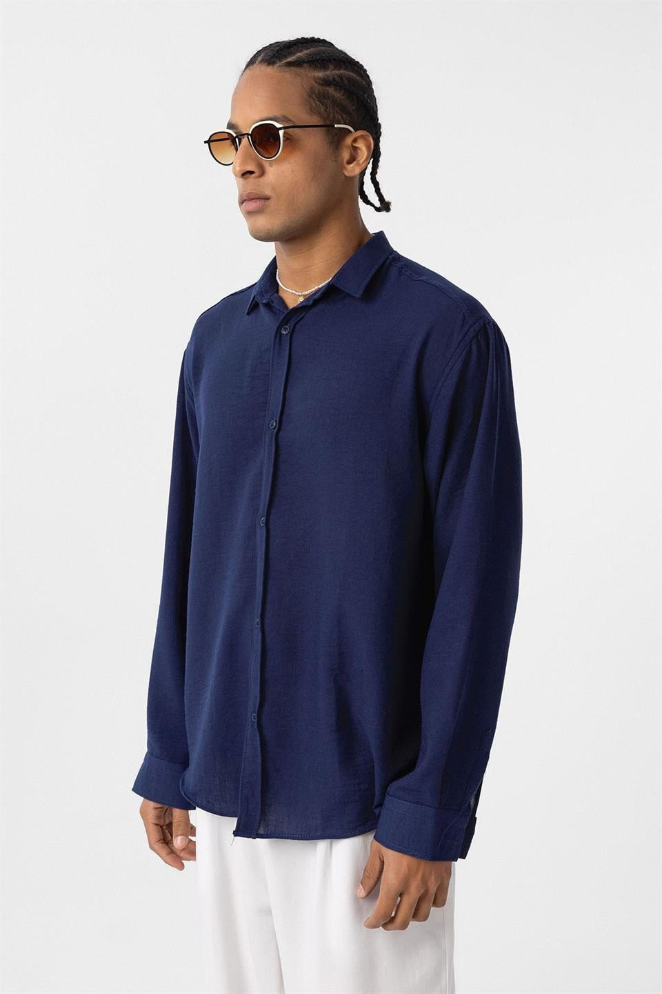 Basic Oversize Uzun Kol Keten Görünümlü Gömlek