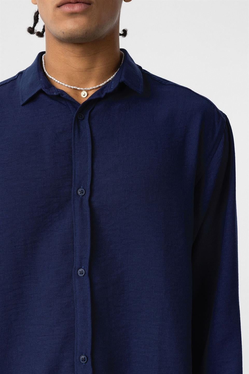 Basic Oversize Uzun Kol Keten Görünümlü Gömlek