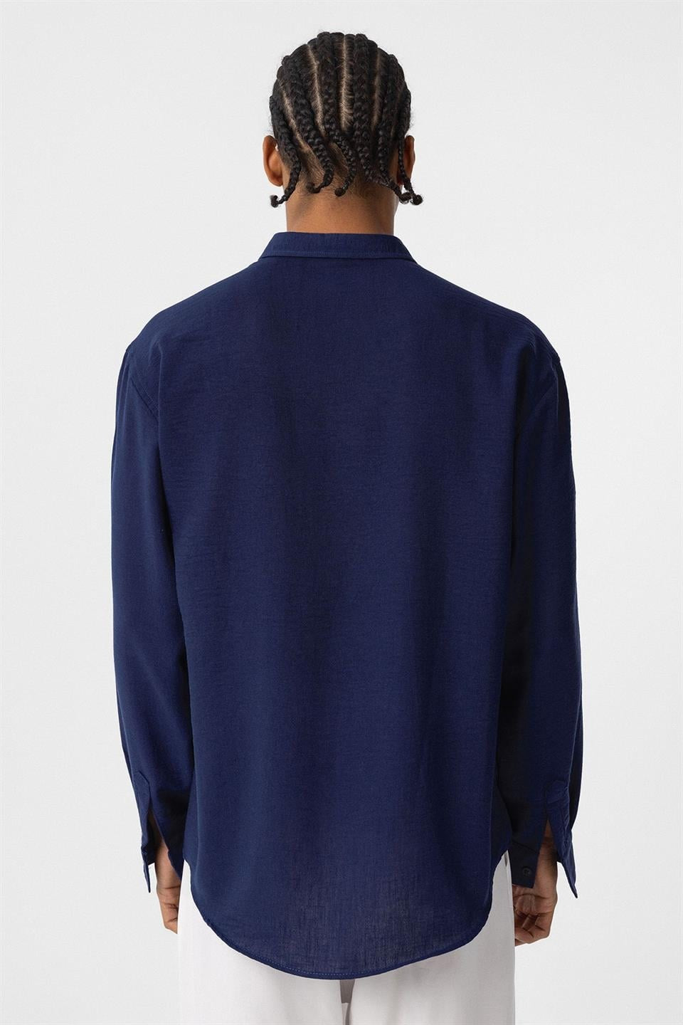 Basic Oversize Uzun Kol Keten Görünümlü Gömlek