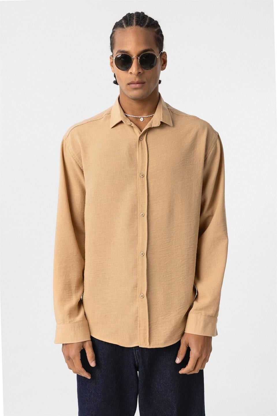 Basic Oversize Uzun Kol Keten Görünümlü Gömlek