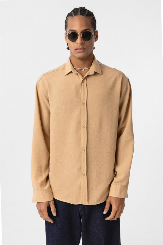 Basic Oversize Uzun Kol Keten Görünümlü Gömlek