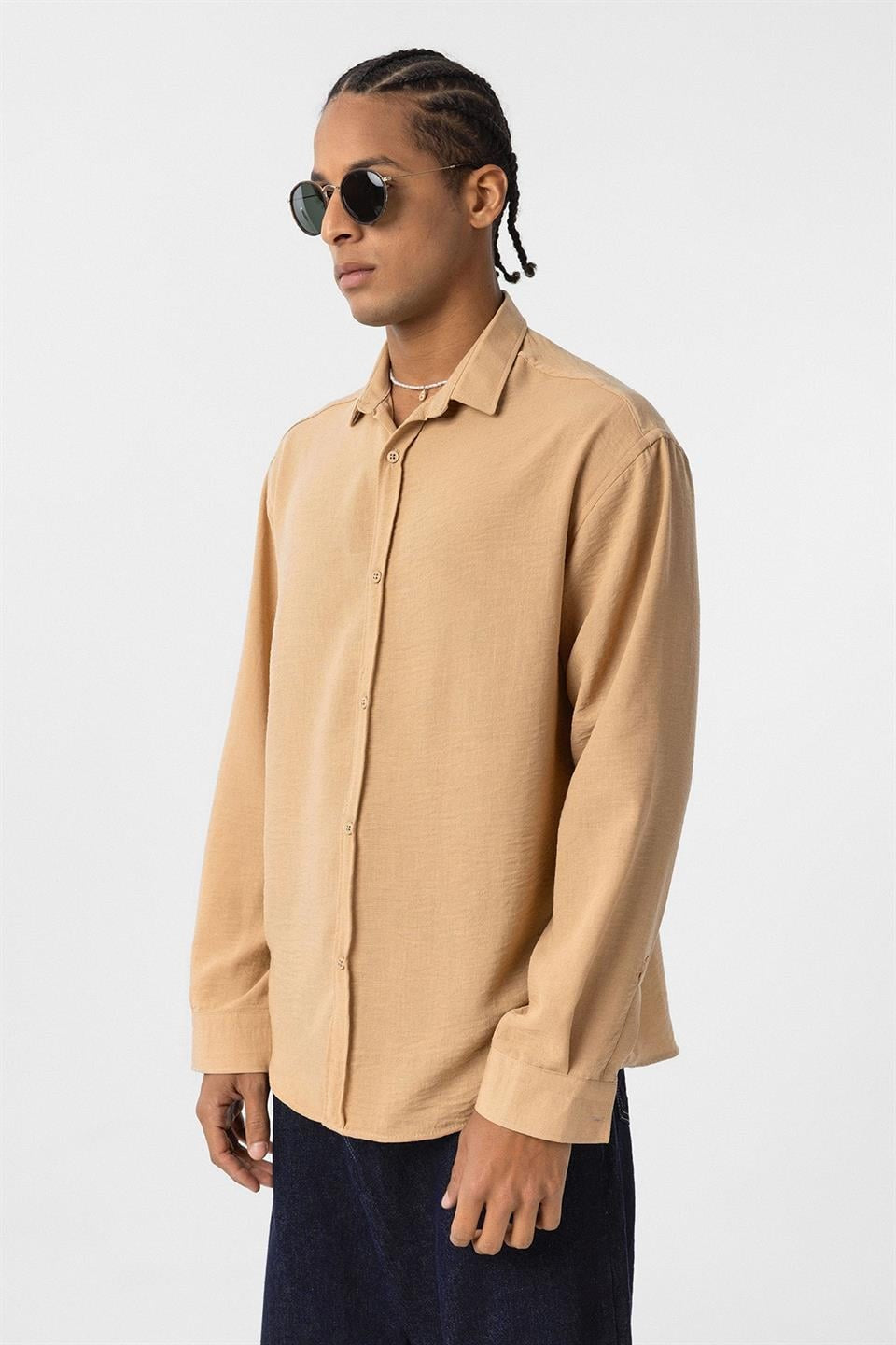 Basic Oversize Uzun Kol Keten Görünümlü Gömlek