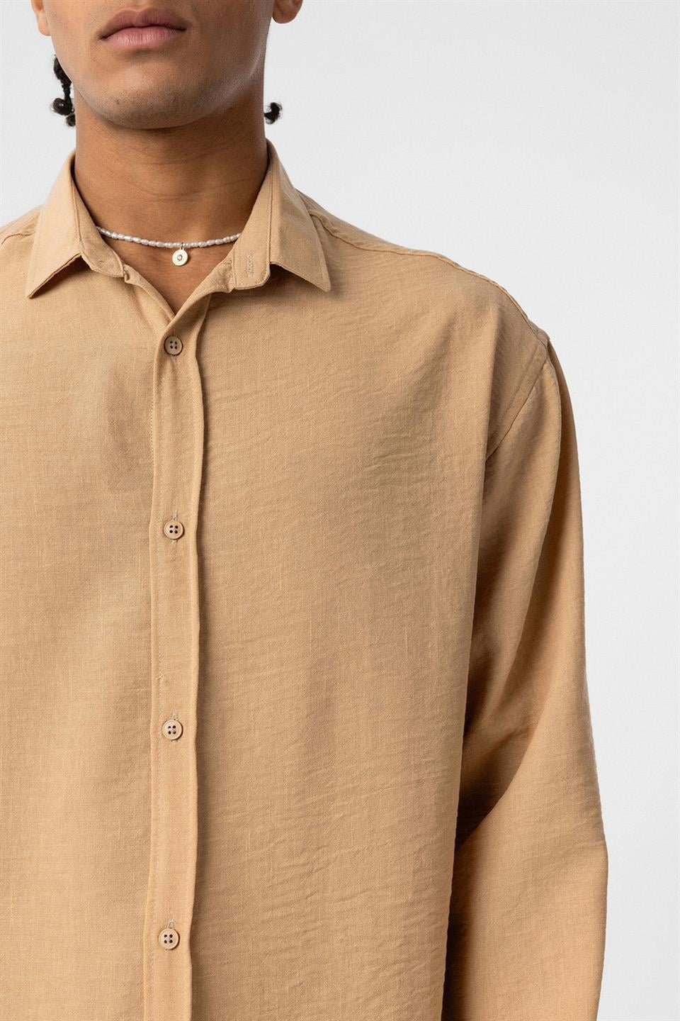 Basic Oversize Uzun Kol Keten Görünümlü Gömlek