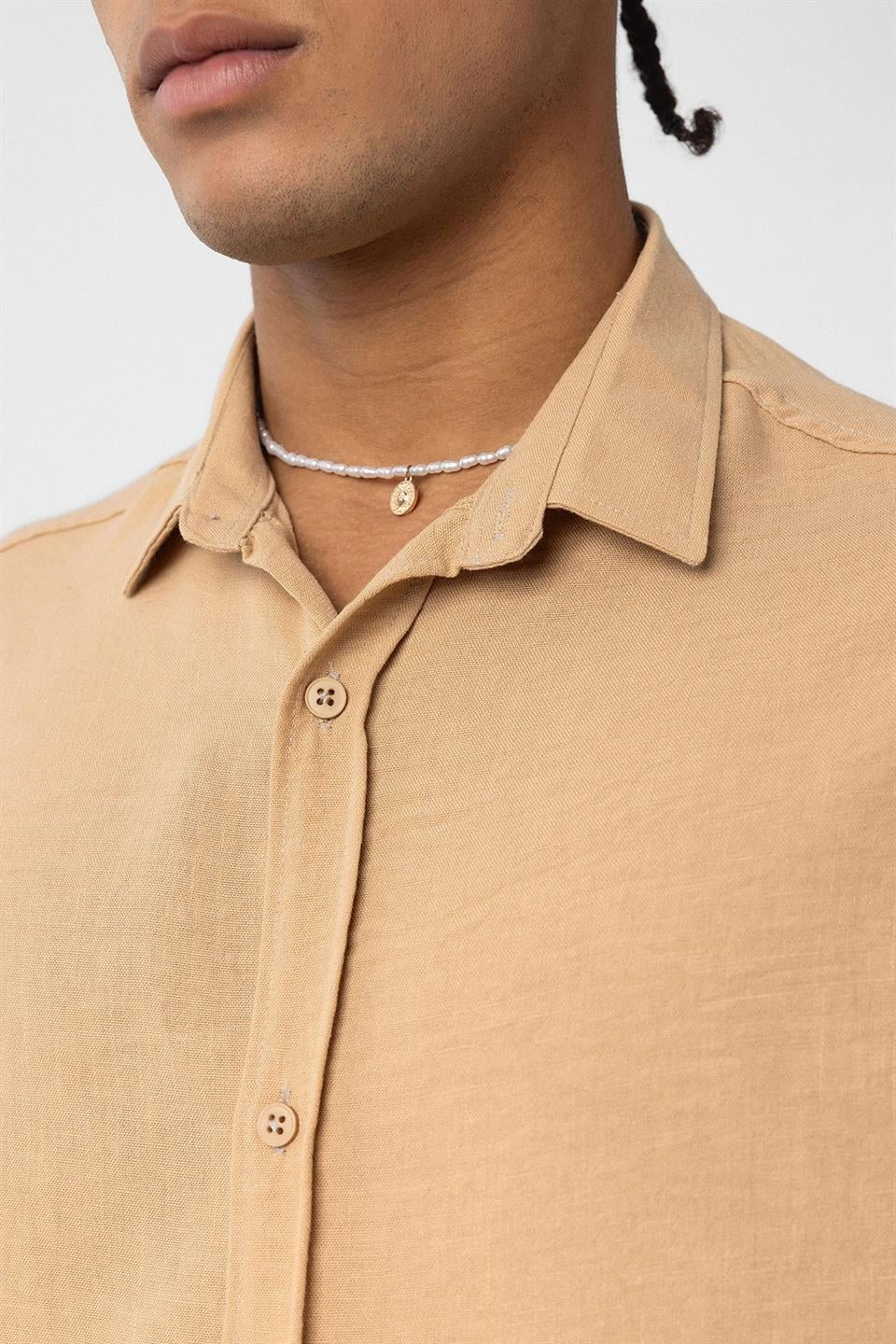 Basic Oversize Uzun Kol Keten Görünümlü Gömlek