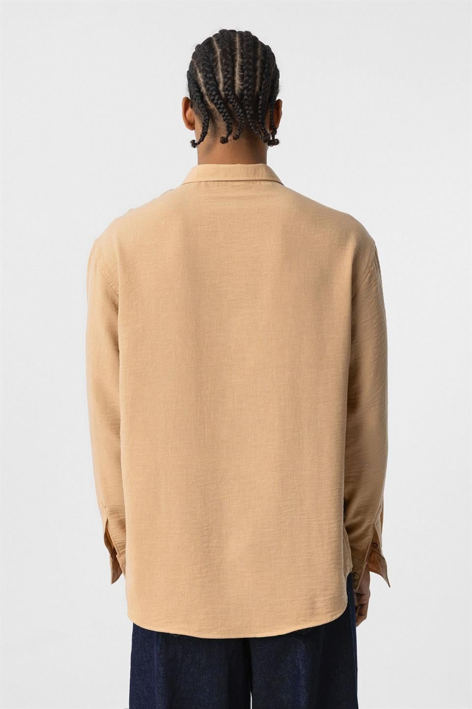 Basic Oversize Uzun Kol Keten Görünümlü Gömlek