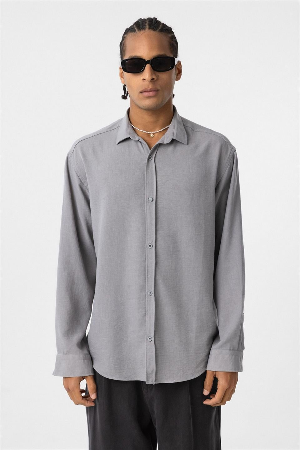 Basic Oversize Uzun Kol Keten Görünümlü Gömlek