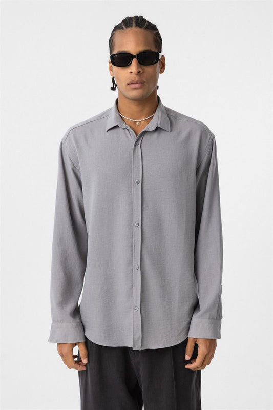 Basic Oversize Uzun Kol Keten Görünümlü Gömlek