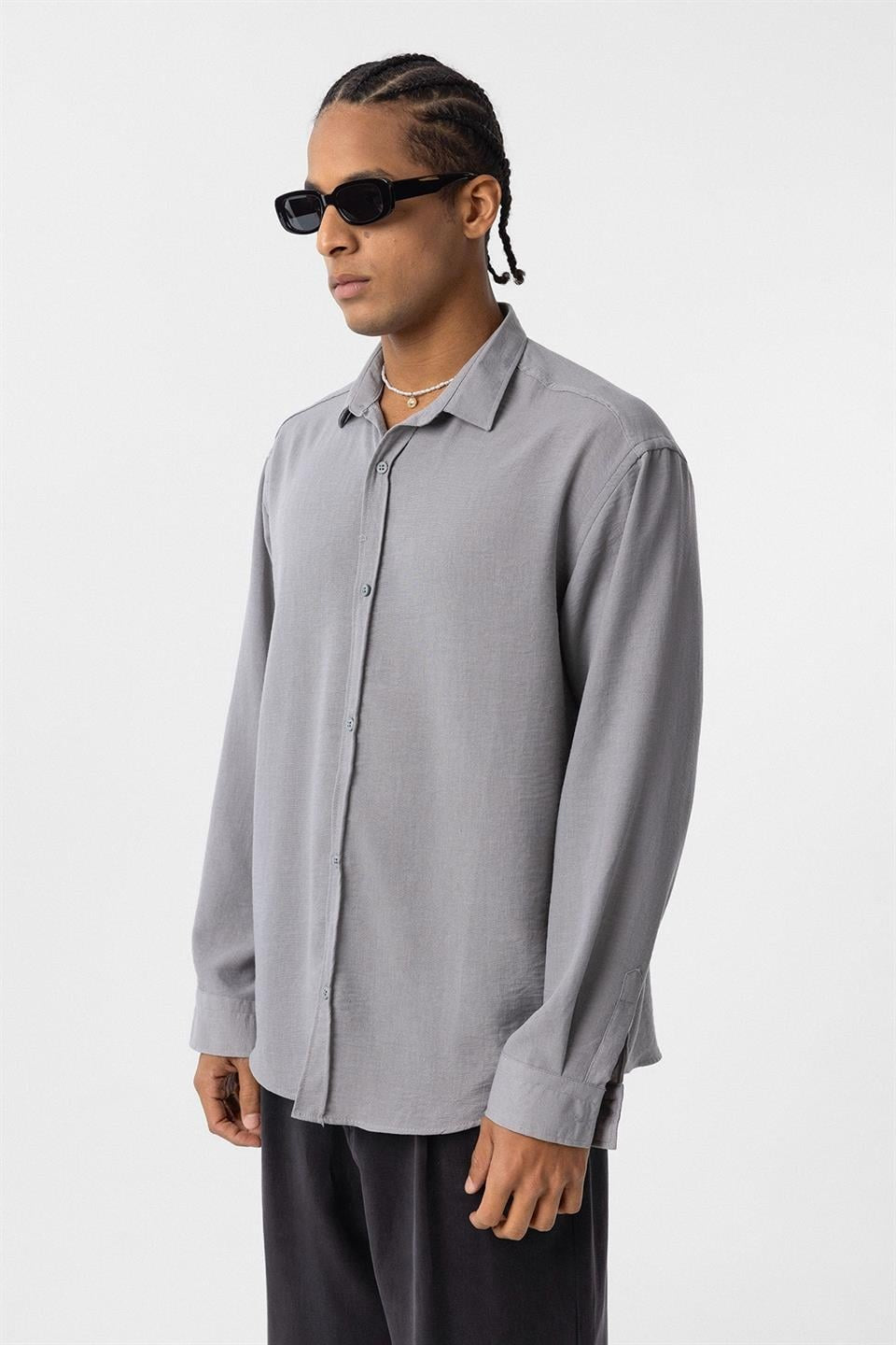 Basic Oversize Uzun Kol Keten Görünümlü Gömlek
