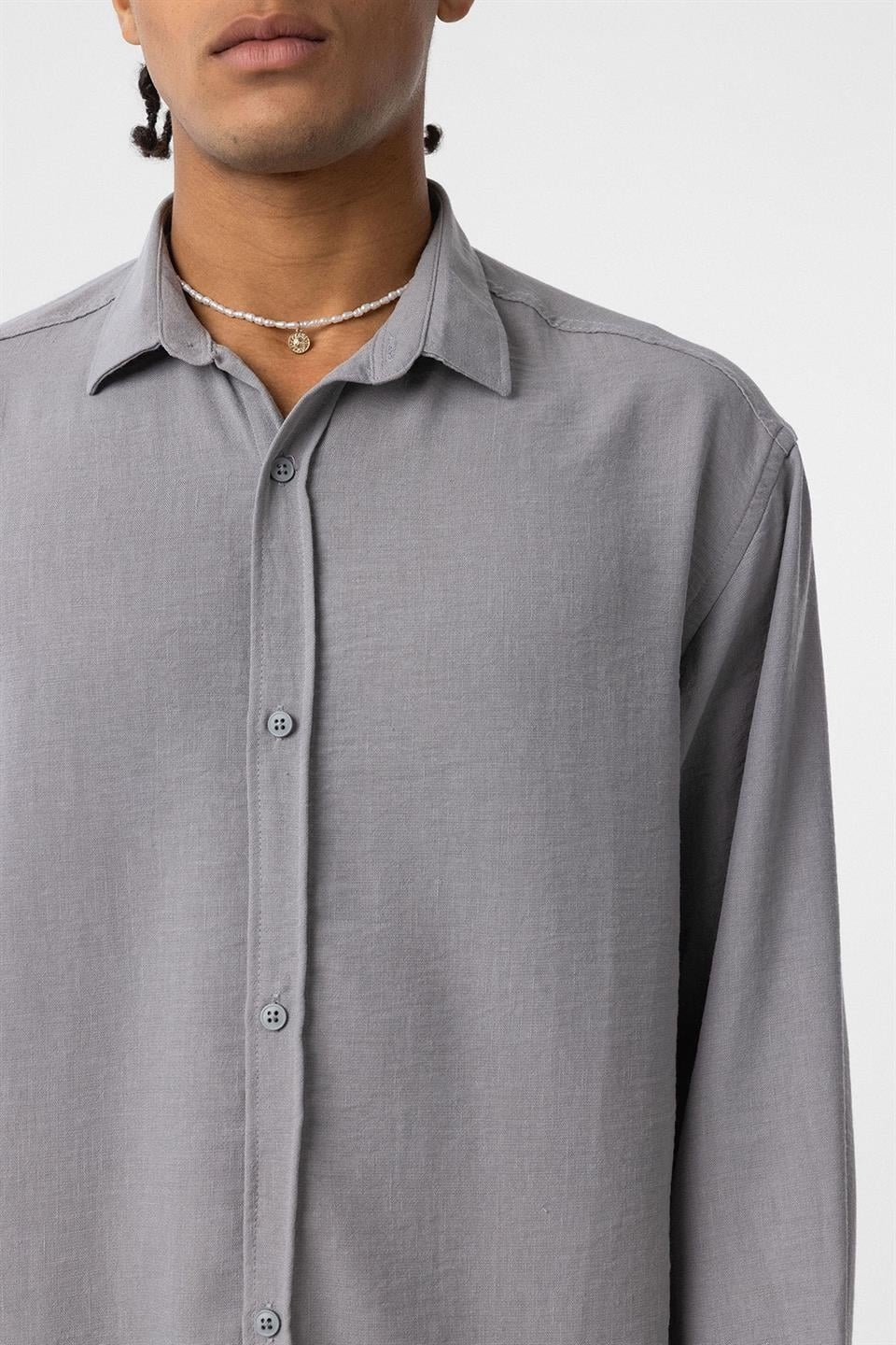 Basic Oversize Uzun Kol Keten Görünümlü Gömlek