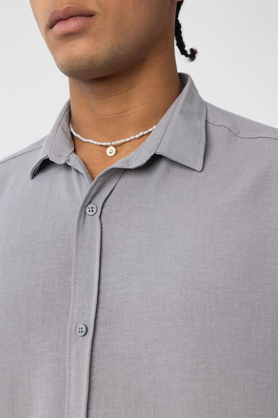 Basic Oversize Uzun Kol Keten Görünümlü Gömlek