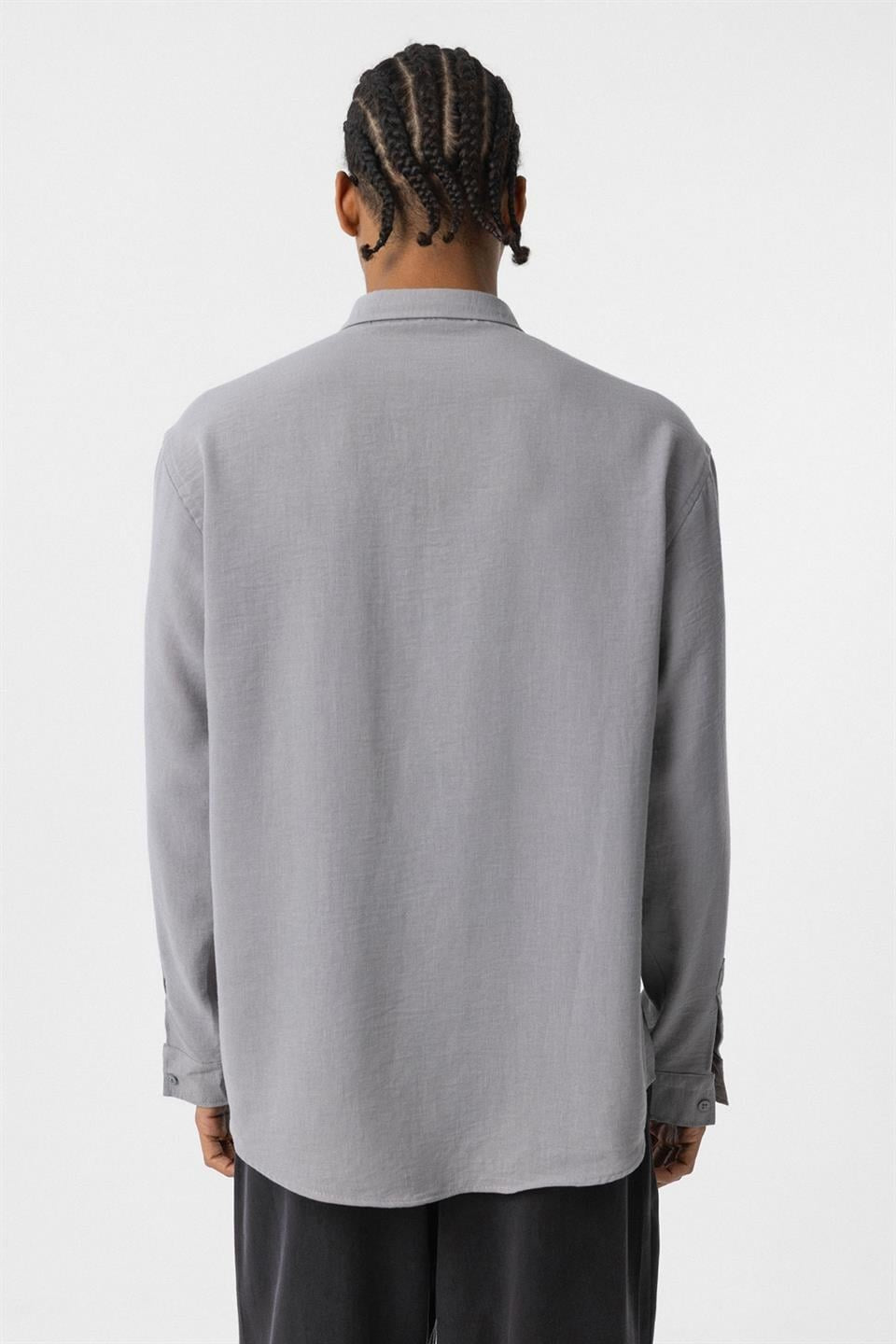 Basic Oversize Uzun Kol Keten Görünümlü Gömlek